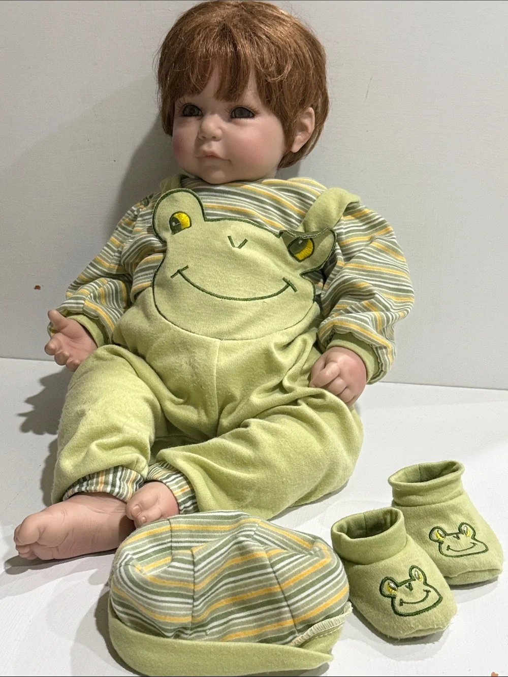 Green Frog Infant Doll Outfit — Striped Onesie & Hat